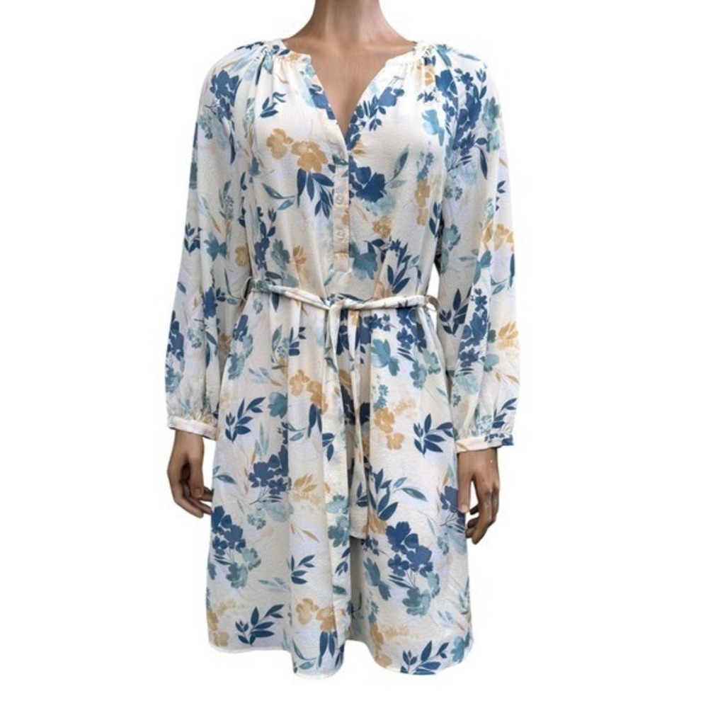 RW&CO Floral Shift Dress Vneck Long Sleeve Belted Modest Church Cream Blue S